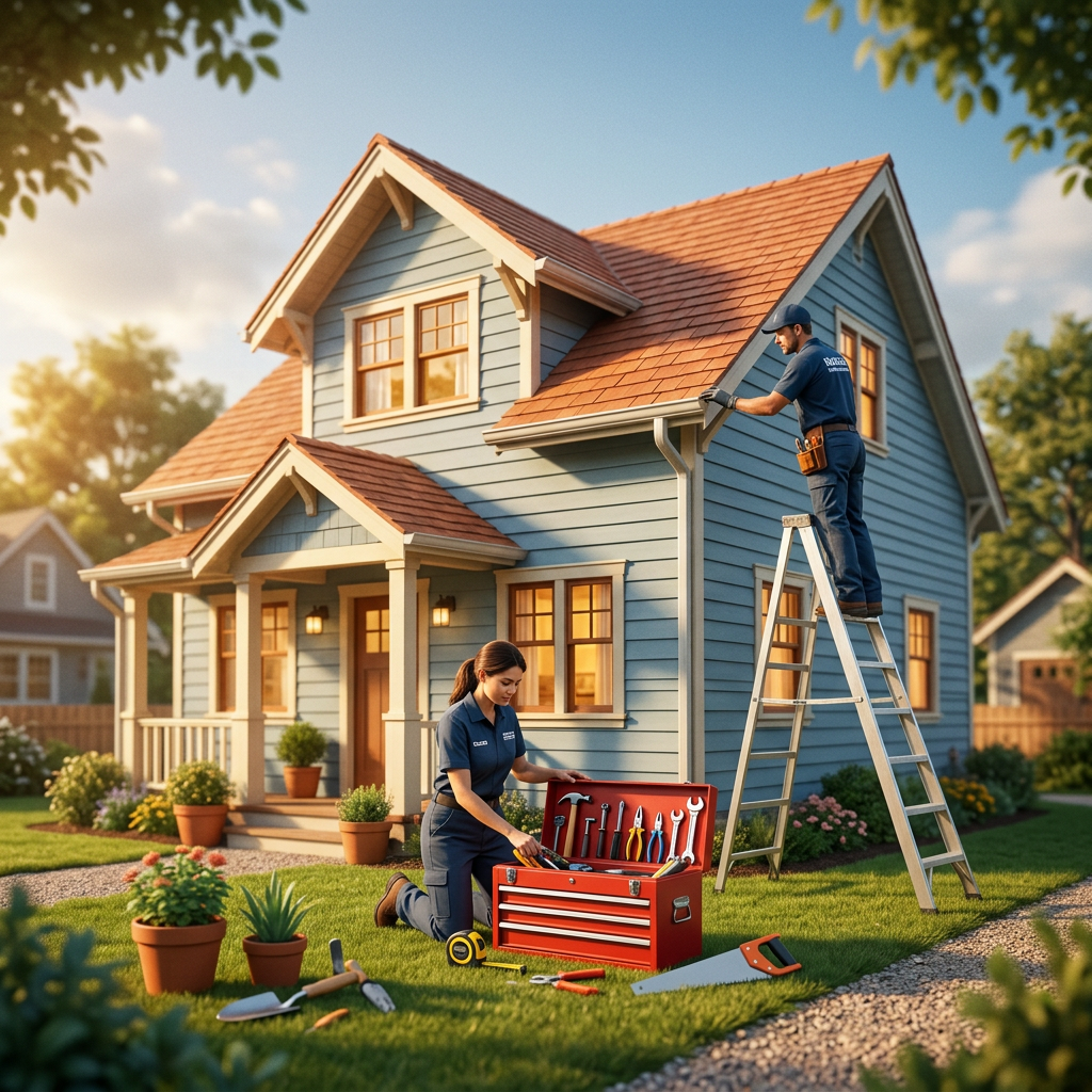 Two maintenance workers with tools servicing a blue suburban house exterior