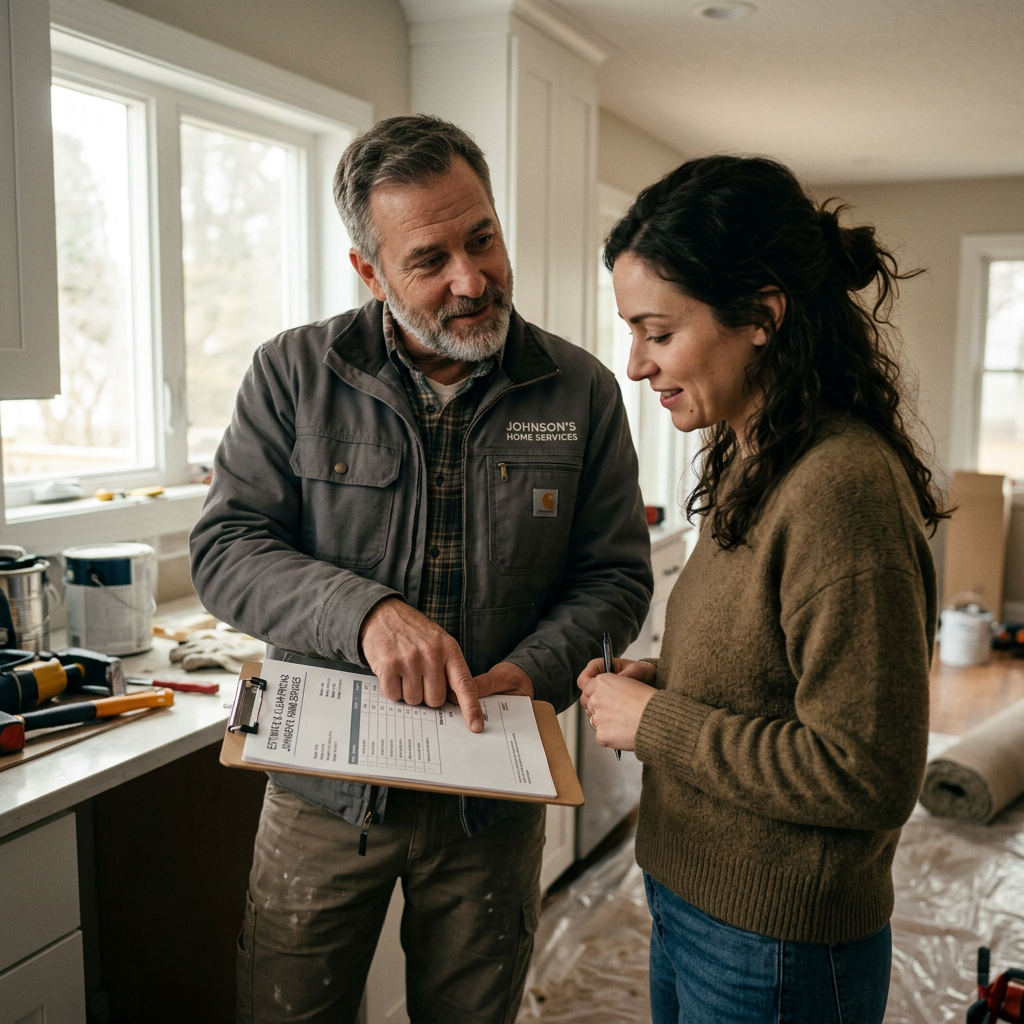Contractor explaining home improvement checklist to woman in kitchen